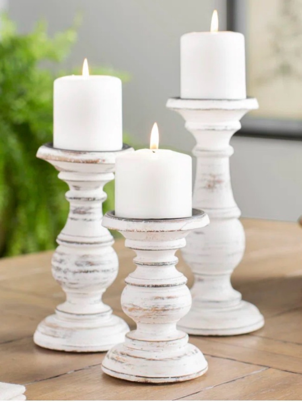 Rustic White Distressed Wood Pillar Candle Holders - Set of 3